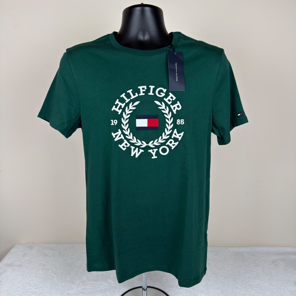 Tommy Hilfiger Mens Green Embroidered Logo T-Shirt New York 1985 Medium New $39 - Picture 2 of 9